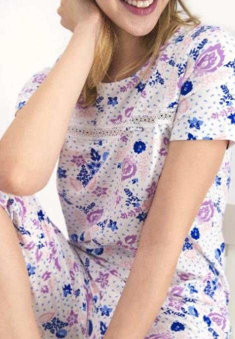 Pijama Dama Bumbac Mânecă Scurtă, Pantalon Trei Sferturi cu Dantelă Engros